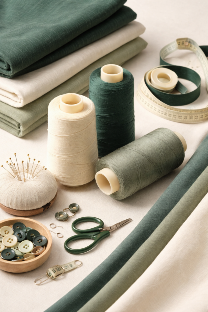 sewing supplies in green and cream
